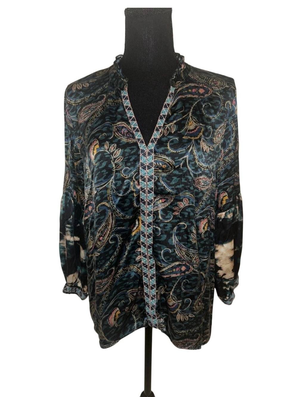 Johnny Was "Twilight Shadow" Silk Embroidered Ruffled Peasant Top